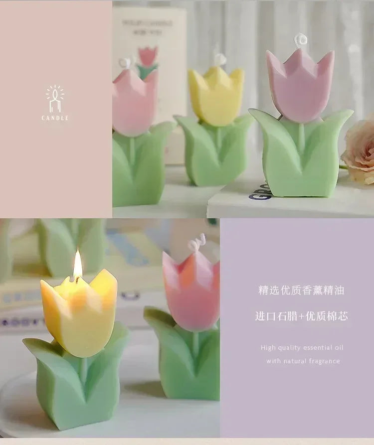 Pastel tulip-shaped scented candles in pink and yellow with green leaf bases, featuring a cotton wick for clean burning.