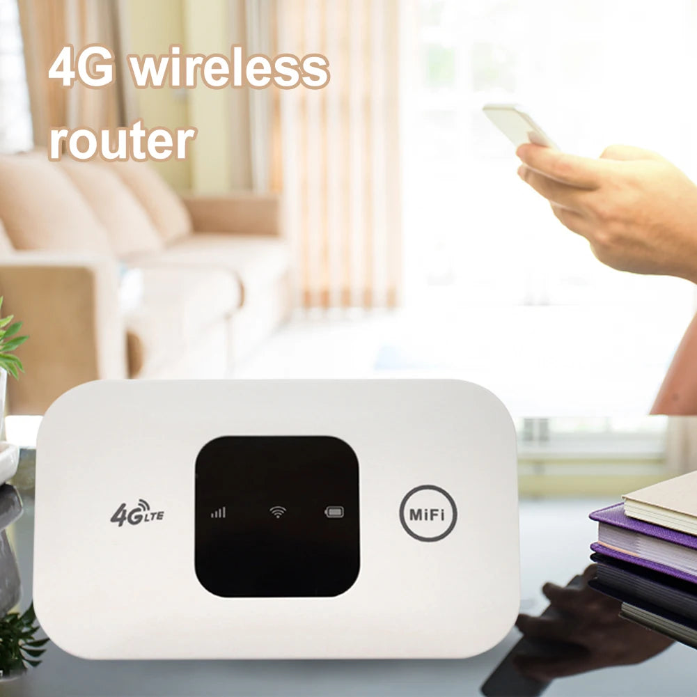A sleek white portable 4G LTE Wi-Fi hotspot with a black centre display and status icons, shown in a home setting.