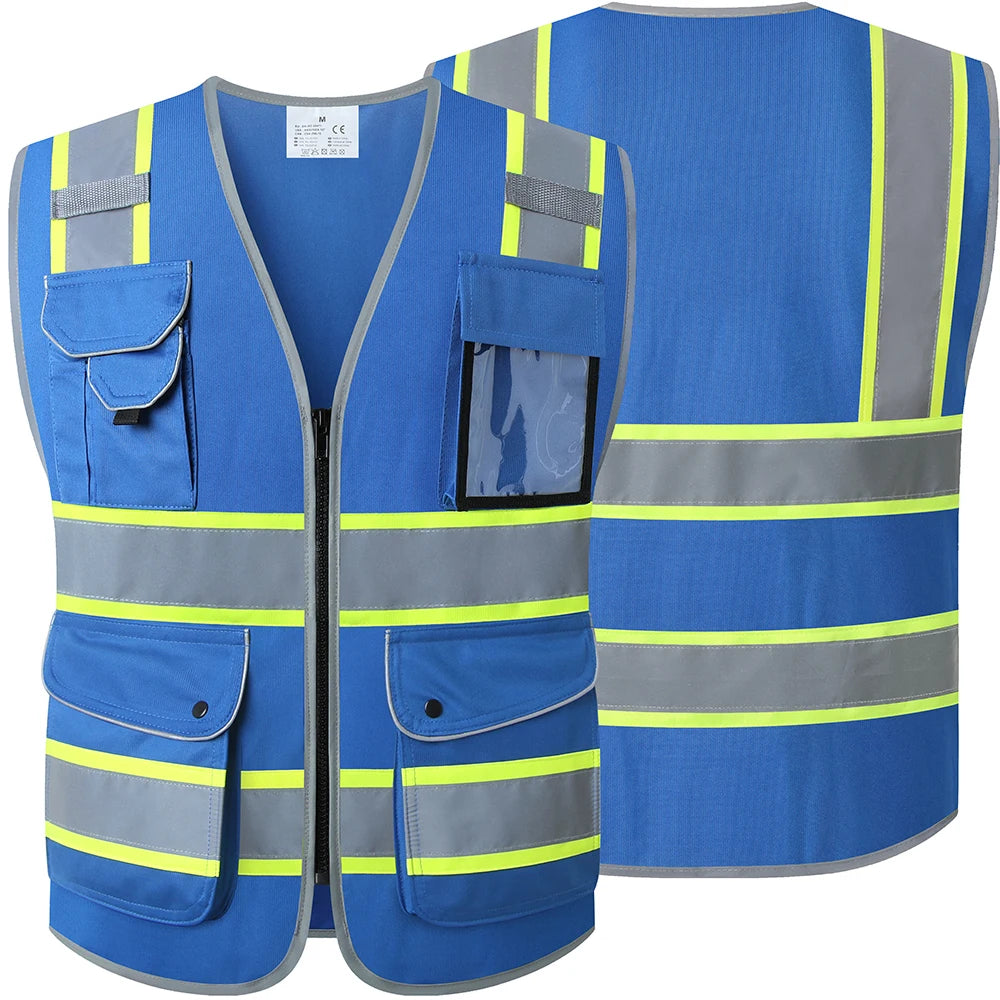 Blue utility workwear vest with high-visibility reflective strips, front pockets, and a clear ID badge holder.