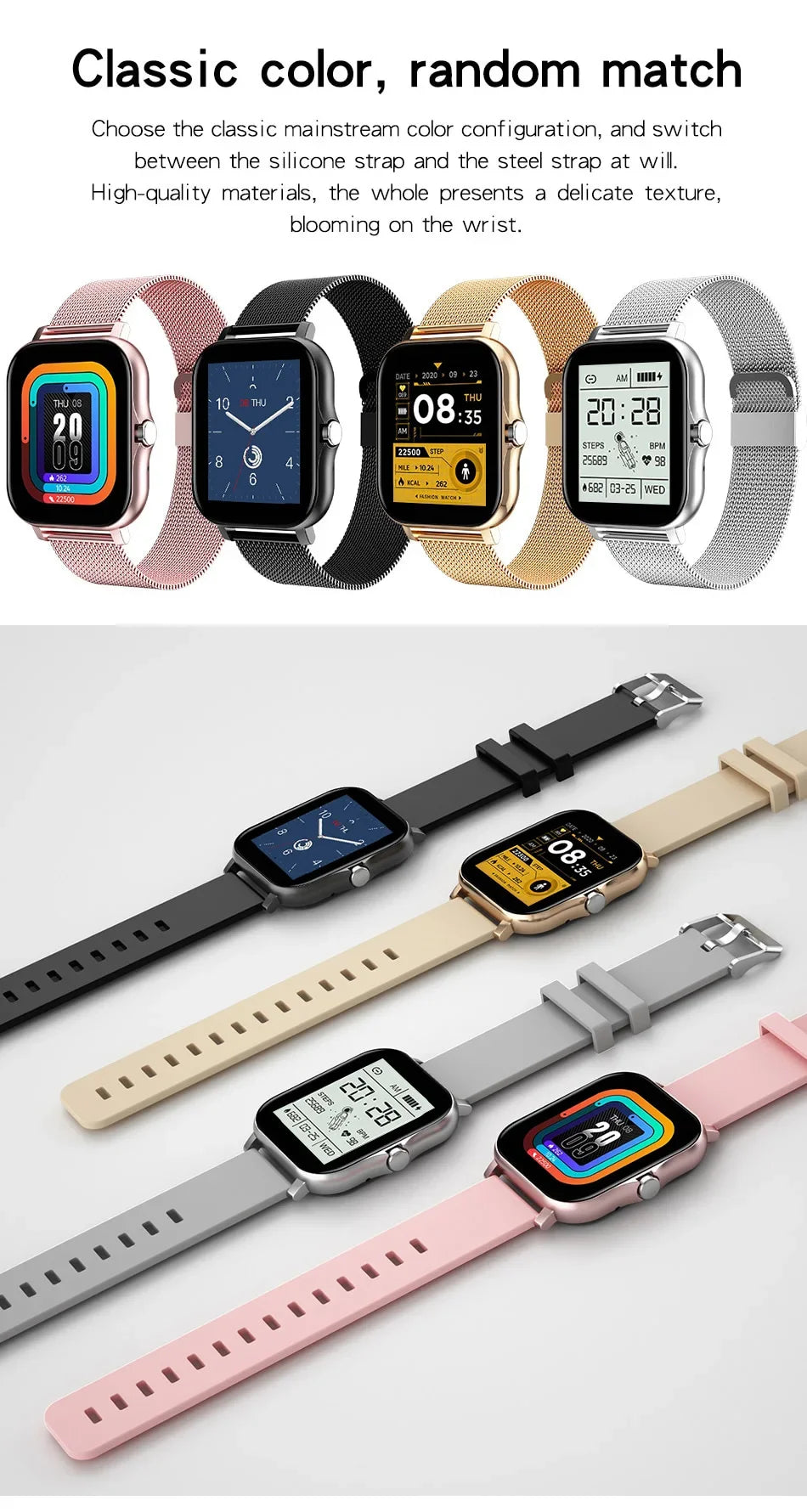 Smartwatches with touch screens, showing mesh metal and silicone strap options in black, gold, silver, and pink.