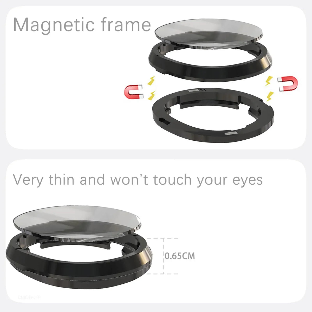 Black magnetic round VR lens frames with clear optical lenses, showing a 0.65cm thin profile.