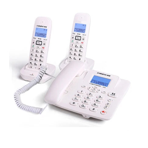 White corded desk phone set with two matching wireless handsets, each featuring a digital screen and numeric keypad.
