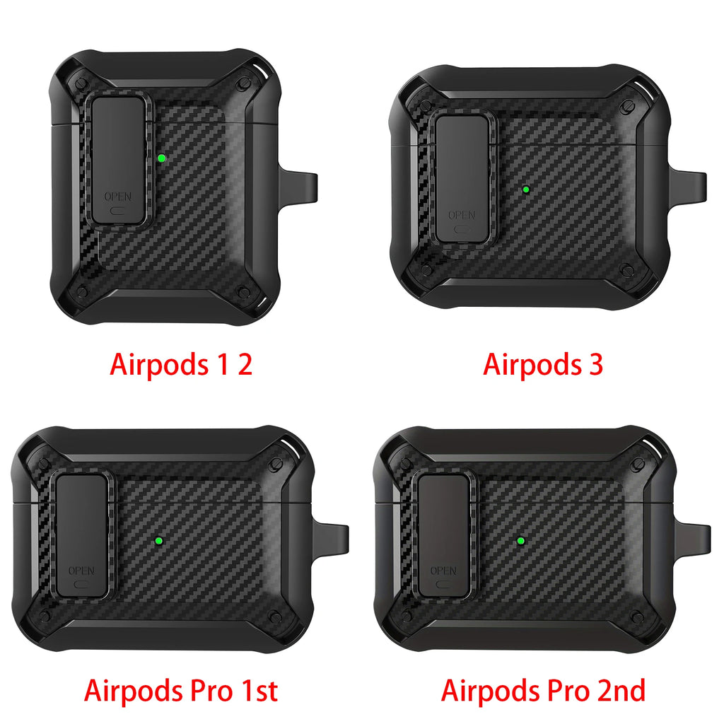 Black carbon fibre-style protective cases for AirPods 1, 2, 3, Pro 1st and 2nd Gen with secure latch locking system.
