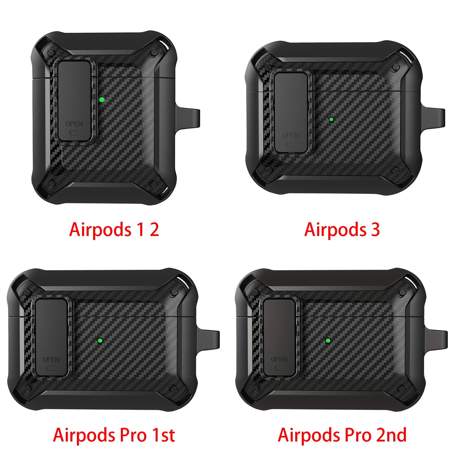 Black carbon fibre-style protective cases for AirPods 1, 2, 3, Pro 1st and 2nd Gen with secure latch locking system.