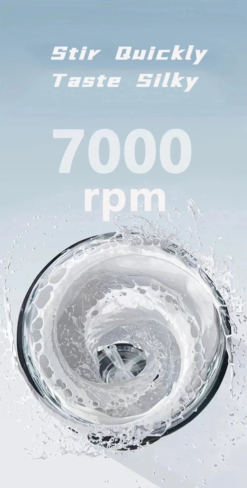 Top-down view of a liquid vortex inside a clear, black-rimmed blender cup. Text overlays promote 7000 rpm mixing.