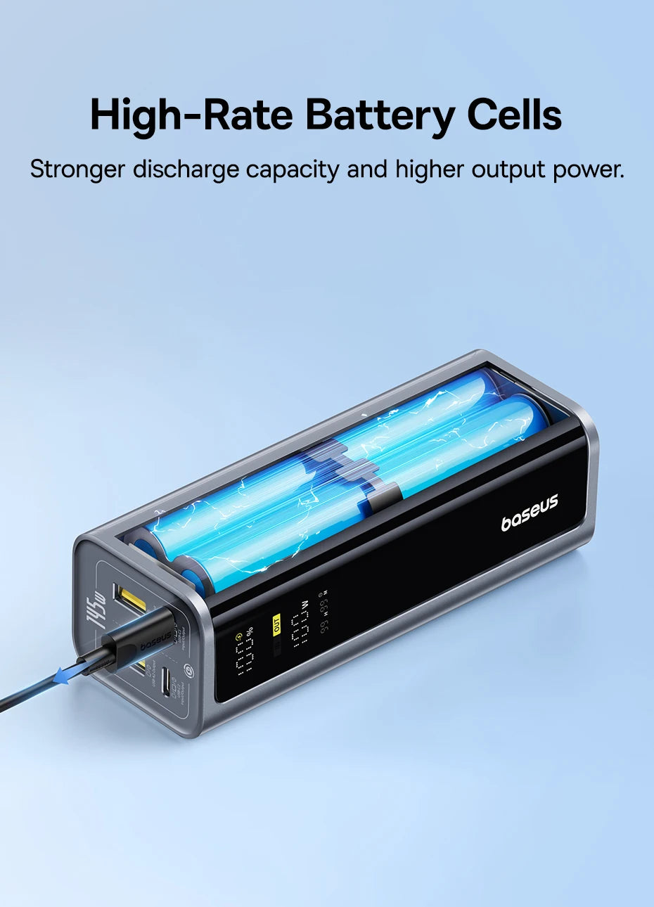 Dark grey 145W power bank with transparent casing revealing glowing blue internal high-rate battery cells.