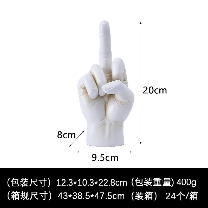 White resin hand ornament showing a middle finger gesture, 20cm tall, ideal for a contemporary desk accessory.