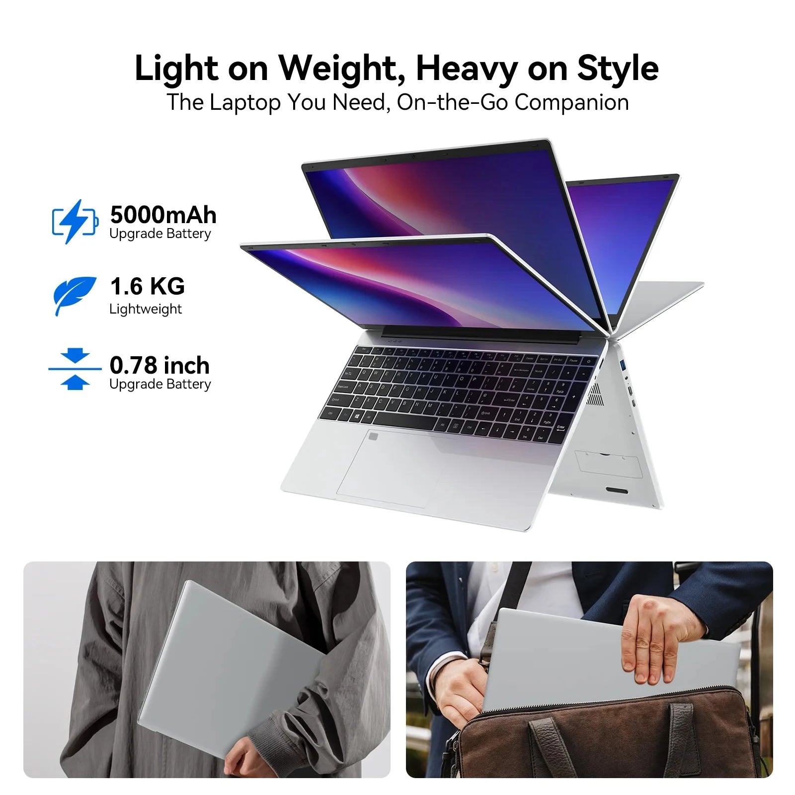 A slim, silver 15.6-inch laptop with a vibrant screen, black keyboard, lightweight design, and long battery life.