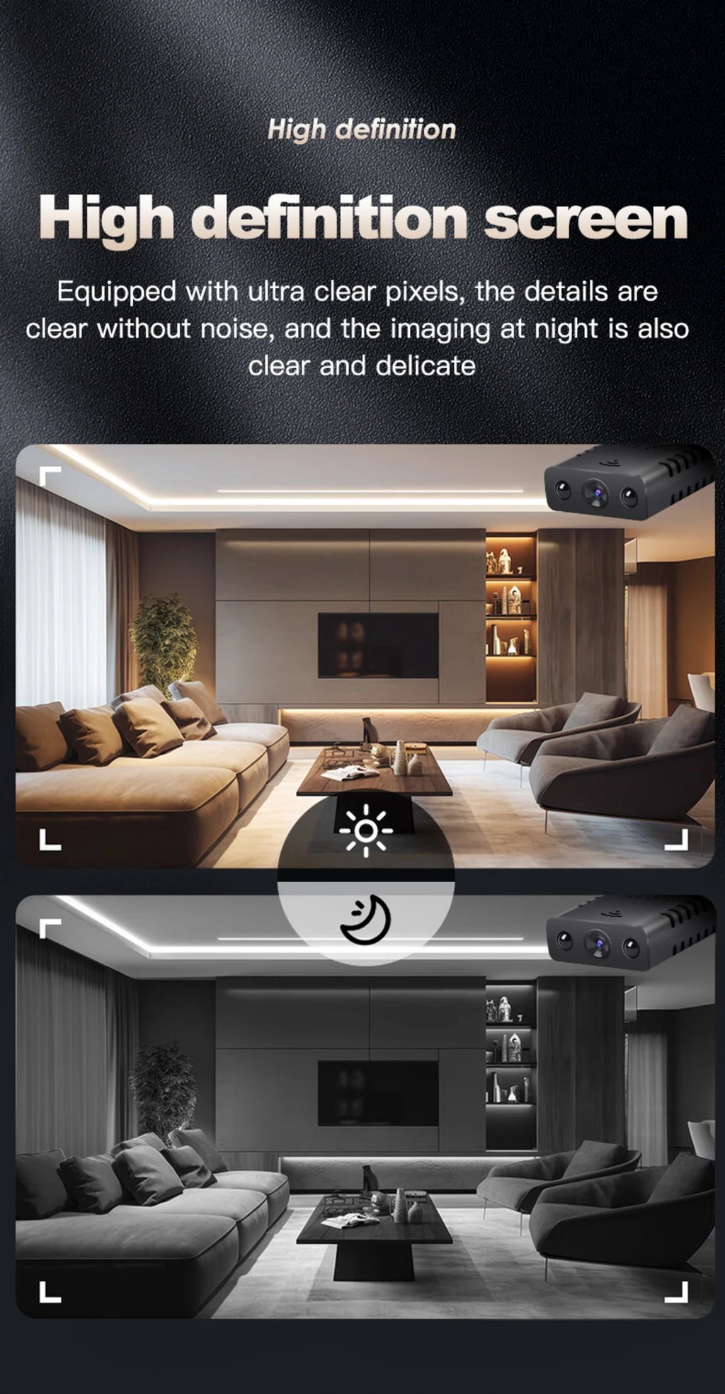 Small black plastic security camera showing a living room comparison between day and night vision modes.