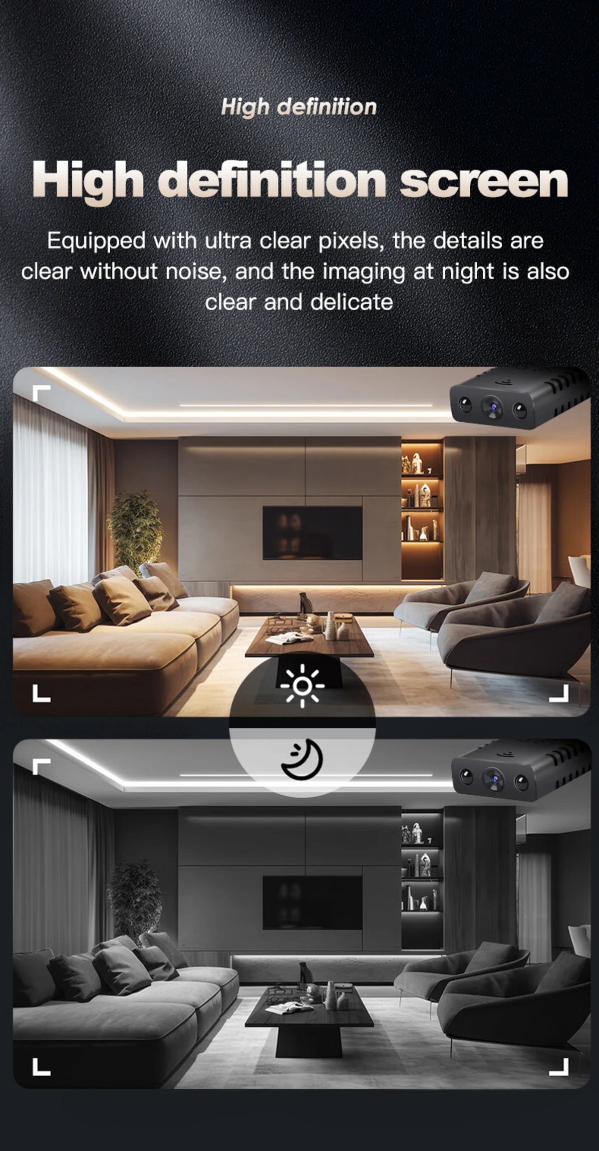 Small black plastic security camera showing a living room comparison between day and night vision modes.