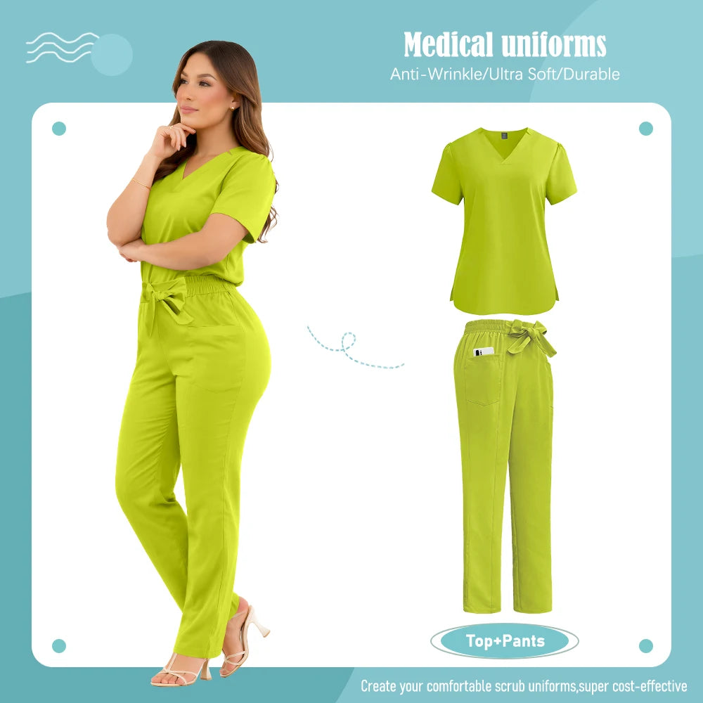 Model wearing a lime green medical scrub set with a V-neck top and trousers with a tie-waist and side pockets.