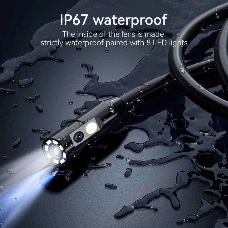 Black dual-lens inspection camera with bright LED lights, resting on a wet surface. IP67 waterproof design.