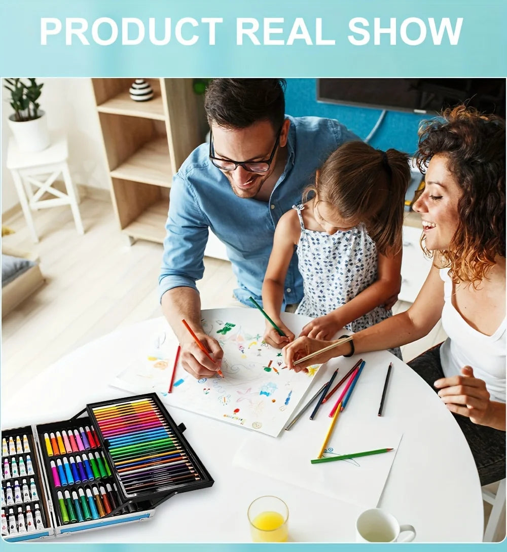 Family drawing together using a portable, multi-tier art set featuring a wide selection of coloured pencils and paints.