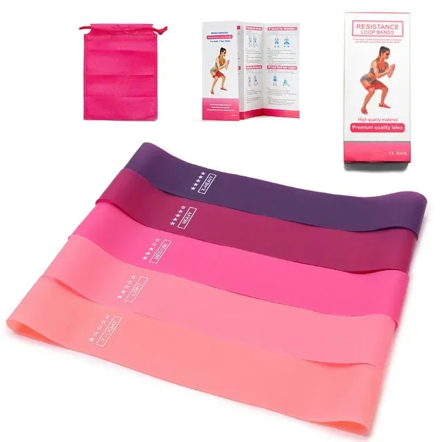 Set of five gradient-coloured resistance loop bands, with a matching carry bag, instruction leaflet, and retail box.