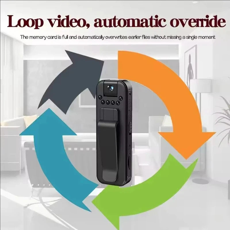 Black plastic body camera with a belt clip and circular arrow graphics indicating loop recording features.