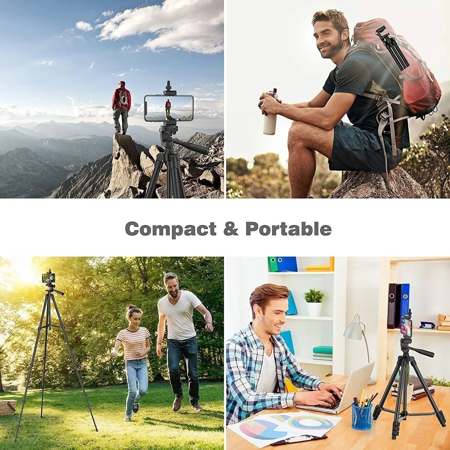 Black, compact, portable phone tripod for travel, photography, and home office use, shown in outdoor and desk settings.