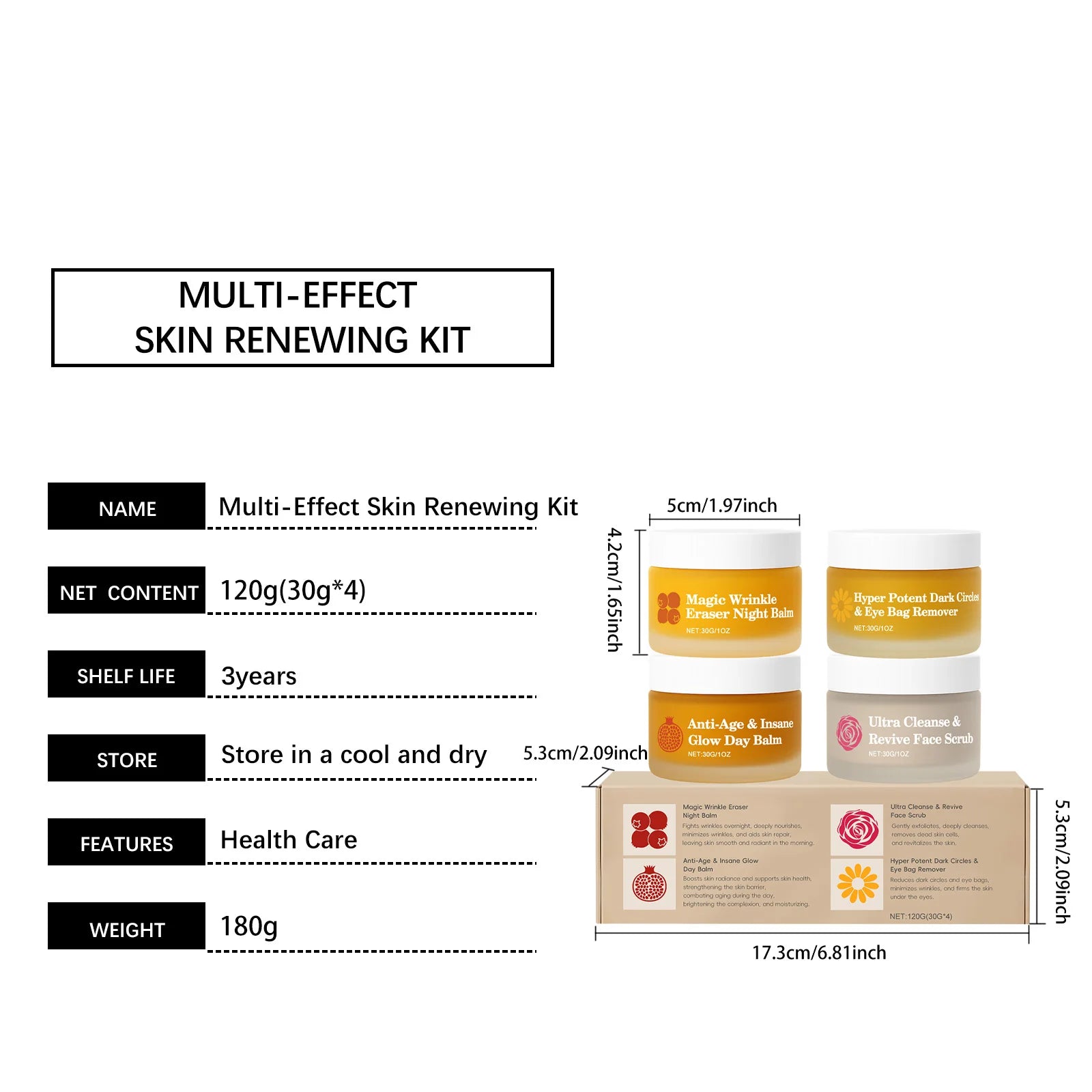 Multi-effect skincare kit featuring four 30g jars: night balm, eye cream, day balm, and face scrub in branded packaging.