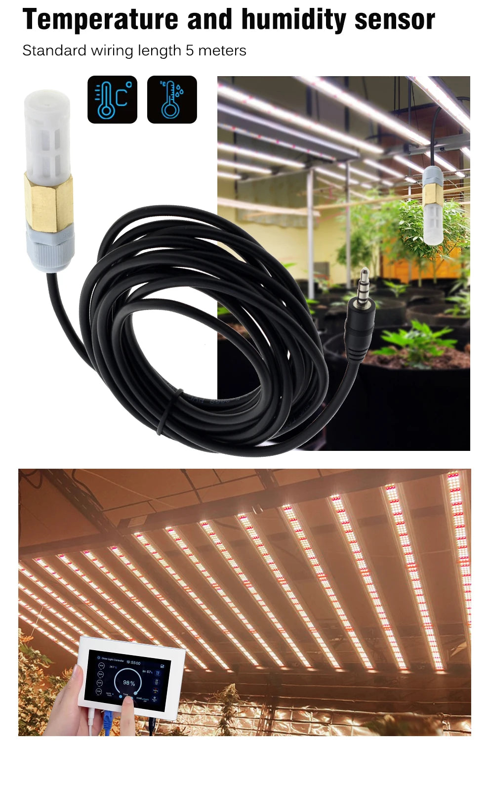 Smart grow light controller with a 4.3-inch touch screen and a 5m temperature and humidity sensor cable.