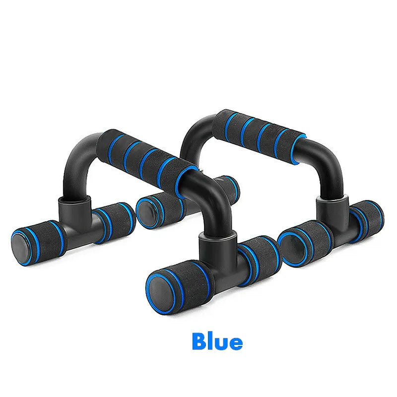 A pair of black push-up bars with blue accents and foam-padded handles on a white background.