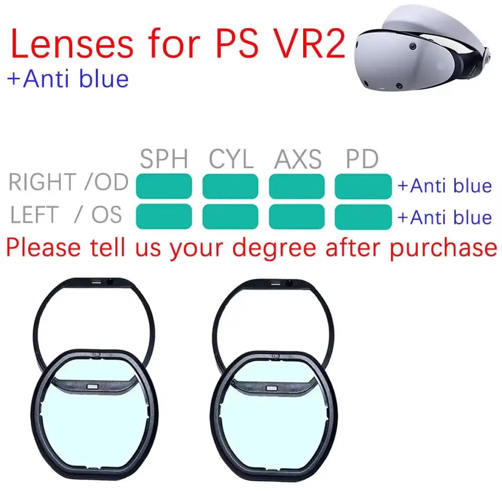 Black prescription VR lenses with anti-blue coating in black frames and an eye prescription chart.