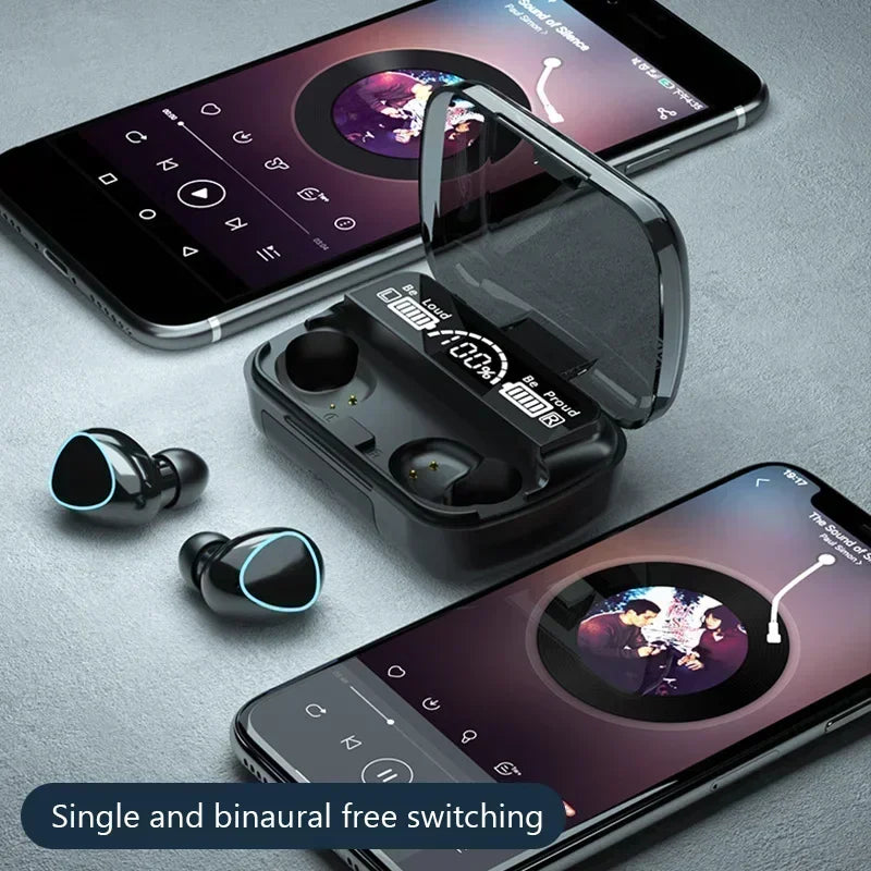 Black wireless earbuds with glowing blue rings, charging case with digital display, placed between two smartphones.