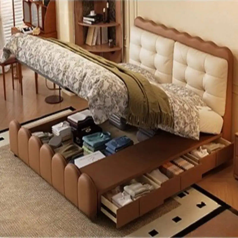 Modern walnut-finish platform bed with a tufted cream headboard and integrated under-bed storage drawers.