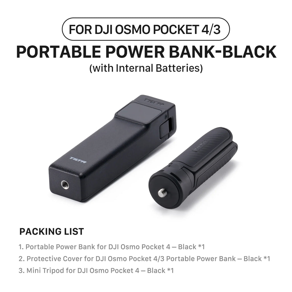 Black portable power bank and mini tripod for DJI Osmo Pocket 4/3 with packing list text.