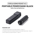 Black portable power bank and mini tripod for DJI Osmo Pocket 4/3 with packing list text.