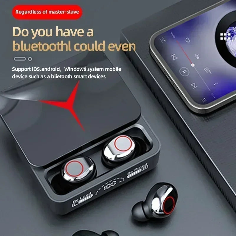 Wireless black earbuds in a charging case with a digital battery display and red accent lighting.