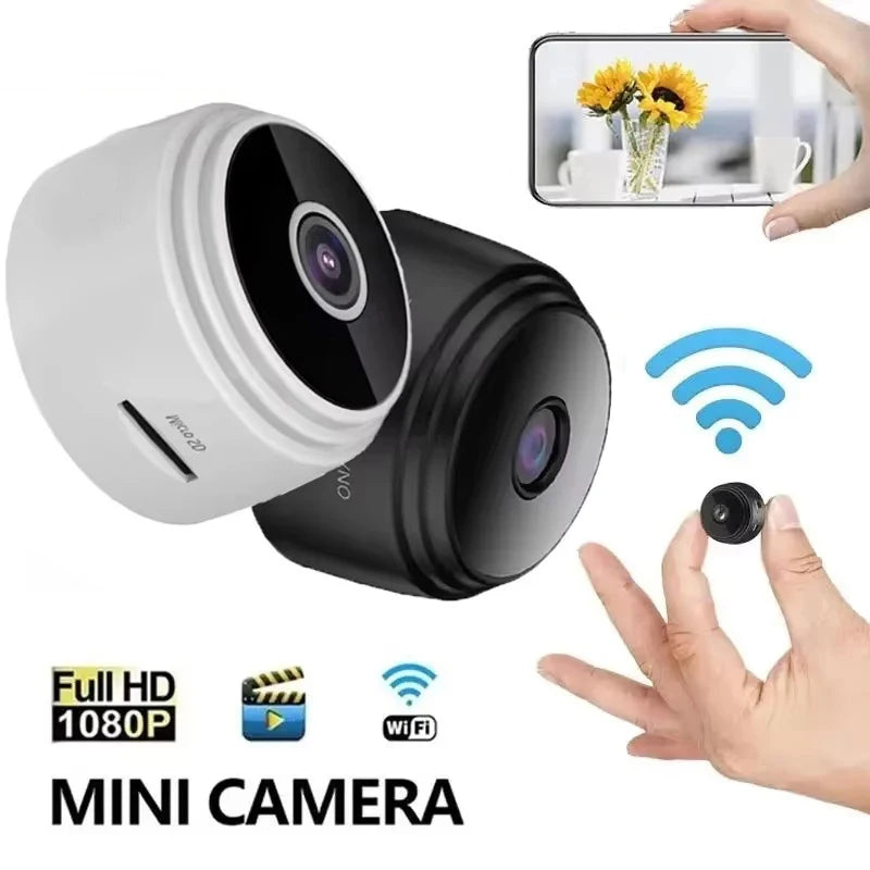 White and black plastic mini HD 1080p wireless security cameras with a memory card slot and Wi-Fi connectivity.