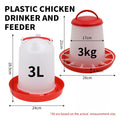 Red and white plastic chicken feeder (3kg) and drinker (3L) set with dimensions labeled.