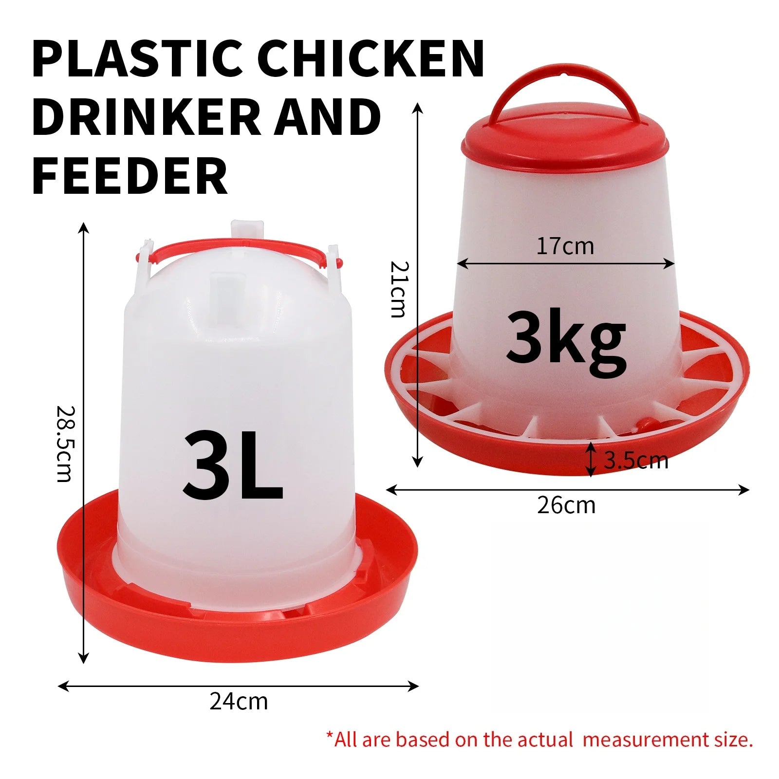 Red and white plastic chicken feeder (3kg) and drinker (3L) set with dimensions labeled.