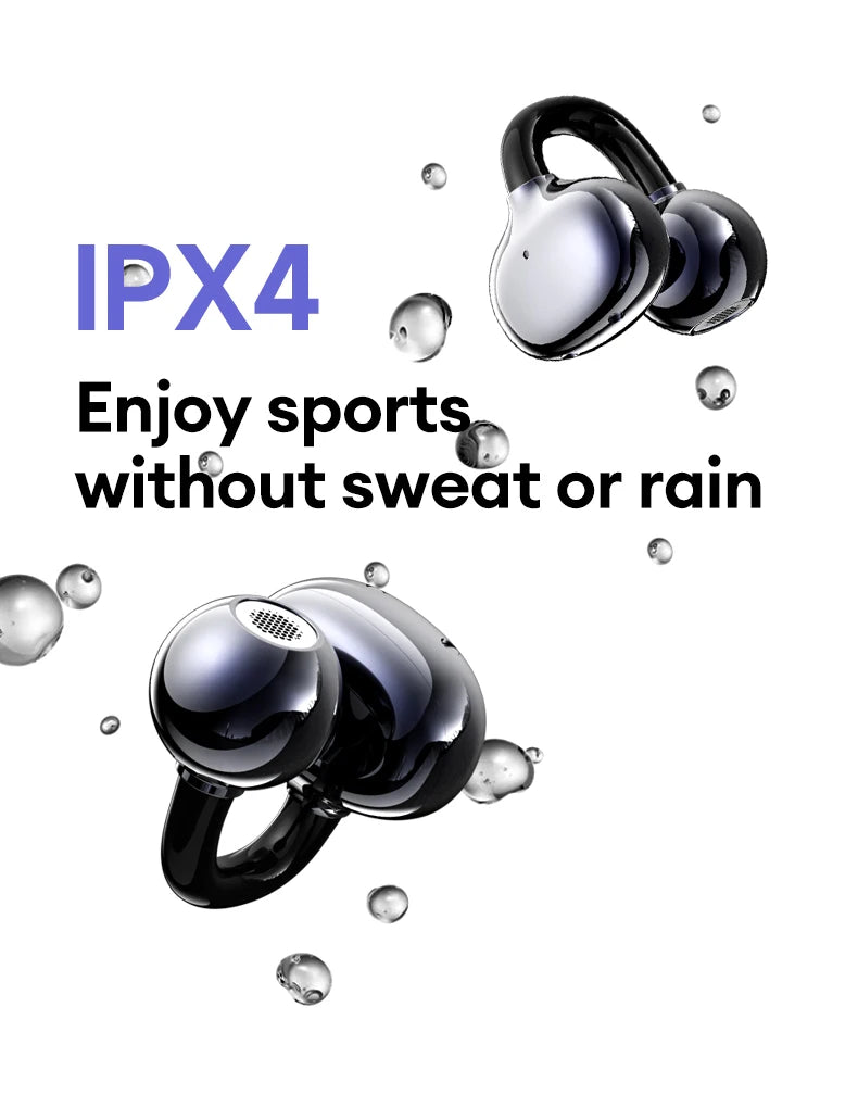 Glossy black, open-ear wireless earbuds surrounded by floating water droplets. Text notes IPX4 sweat and rain resistance.