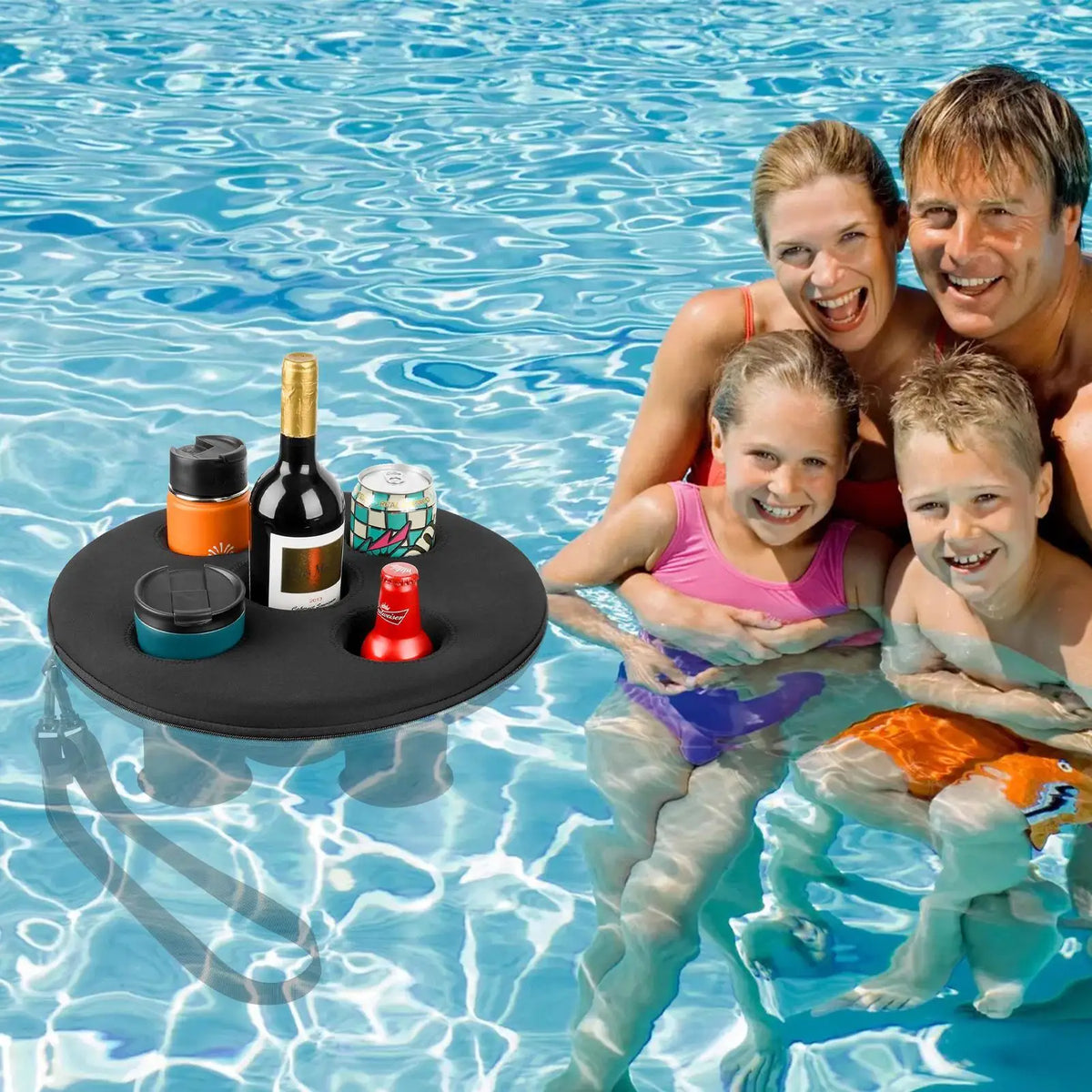 A family in a pool next to a black drink float holding a wine bottle, can, and cups.