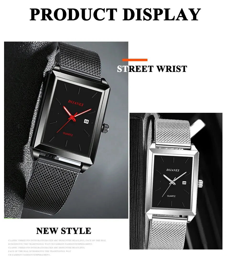 Men’s square quartz watch with a black dial, date window, and a sleek stainless steel mesh strap.