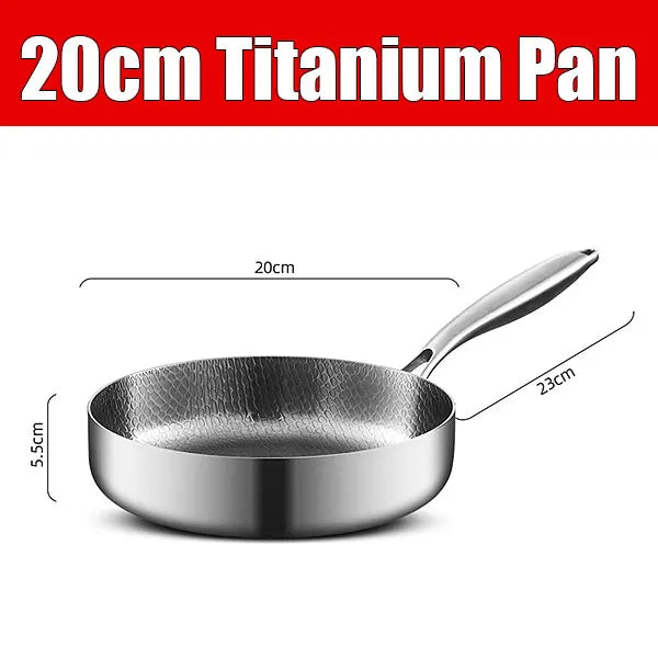 A 20cm titanium pan with dimensions shown: 20cm diameter, 5.5cm depth, and 23cm handle.
