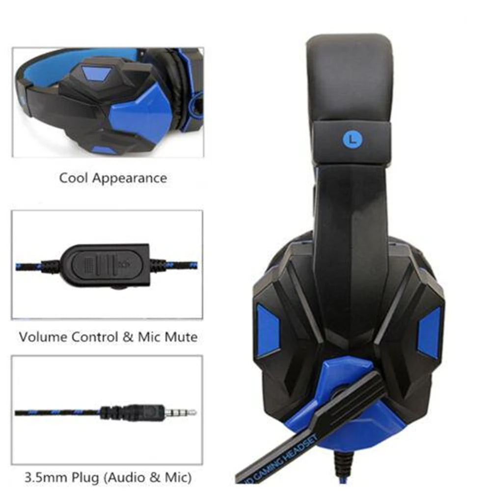 Black and blue wired gaming headset with adjustable microphone, inline volume control, and a 3.5mm jack.