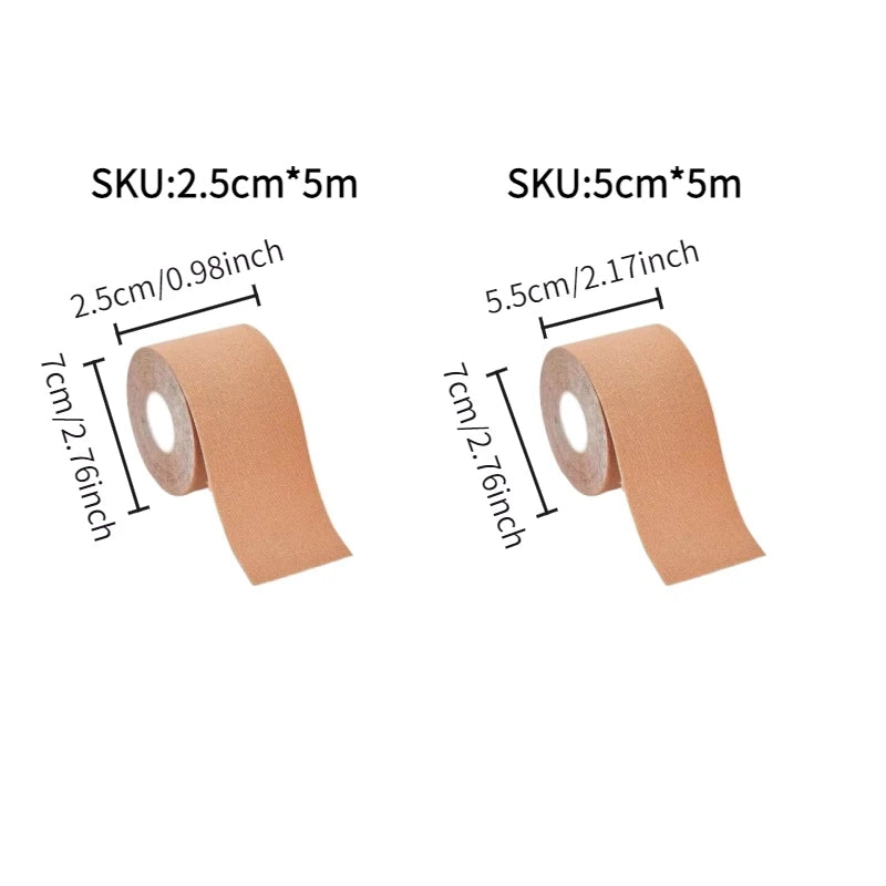 Two rolls of beige kinesiology tape shown with size labels for 2.5cm and 5cm widths.