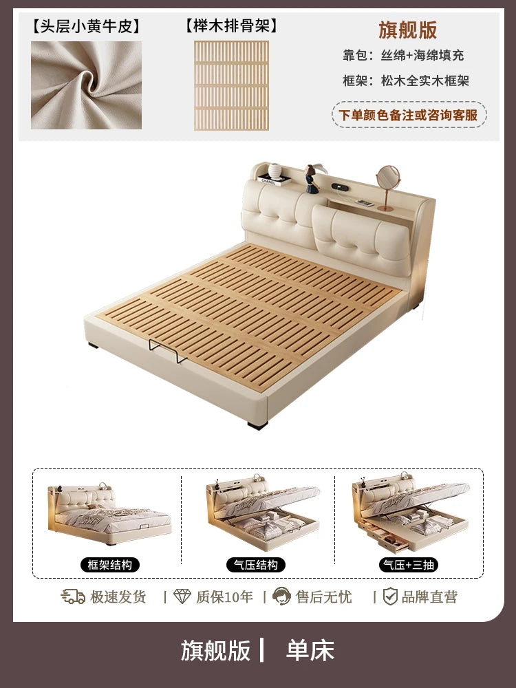 Modern cream genuine leather bed frame with an upholstered headboard, slatted base, and integrated storage drawers.
