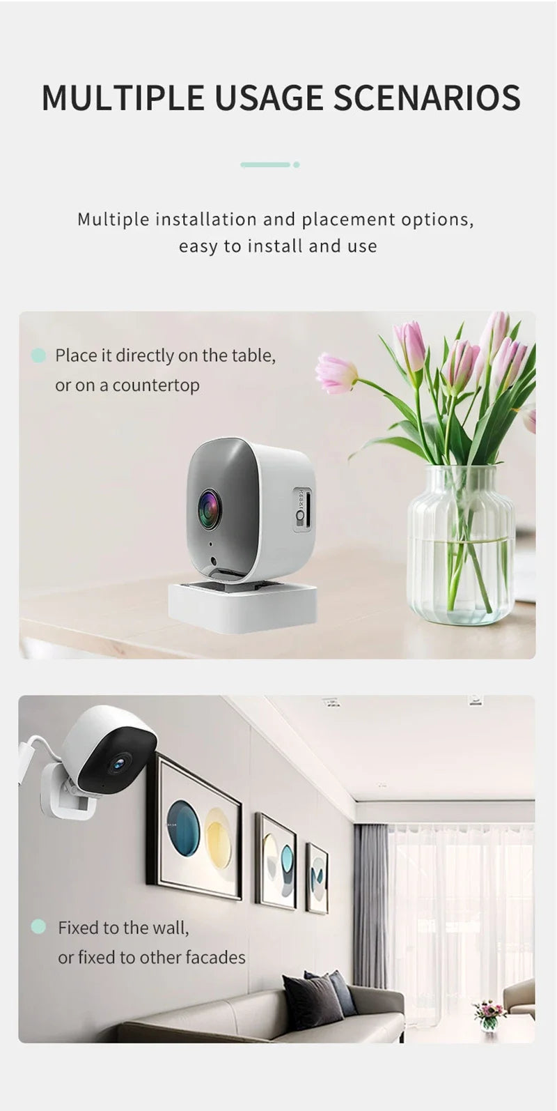 Compact white WiFi security camera shown placed on a table and mounted to a wall for versatile home surveillance.
