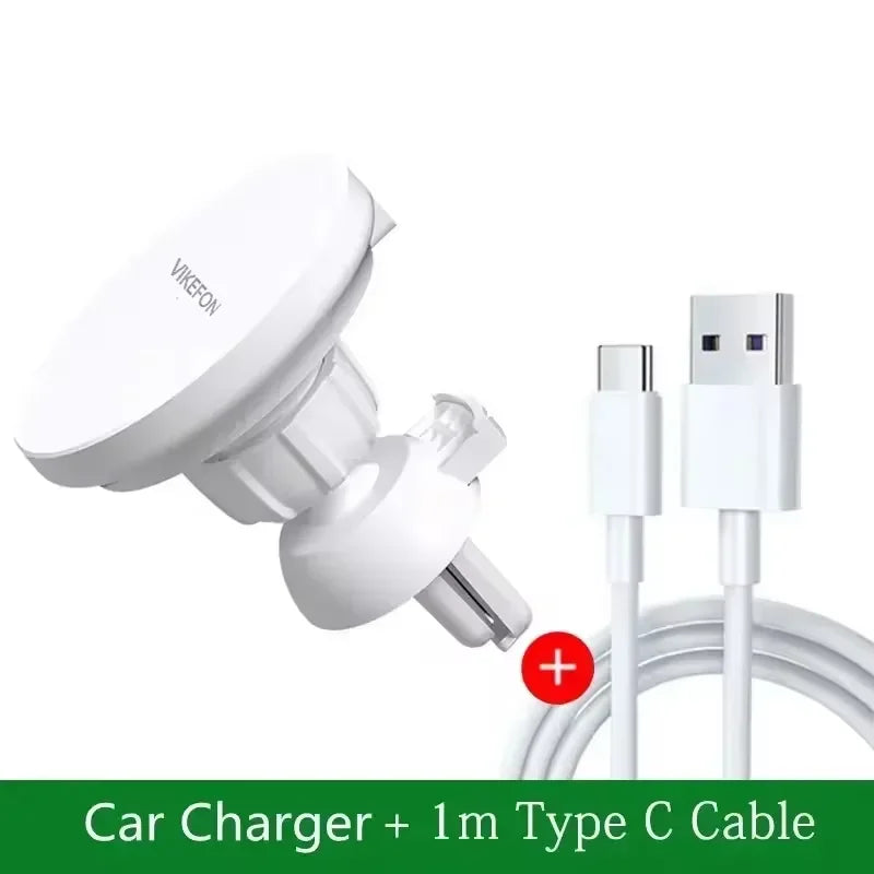 White car phone mount air vent clip and a 1-meter white USB-A to Type-C charging cable.