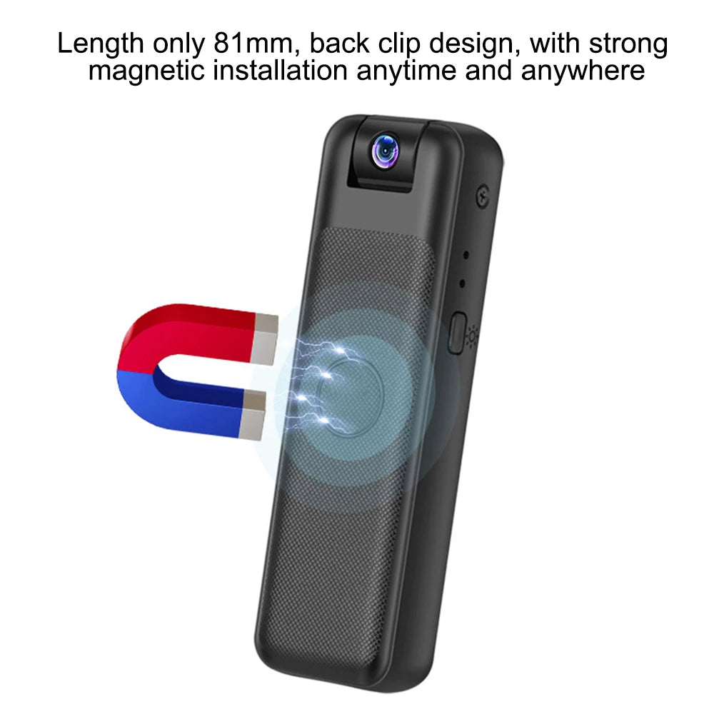 Black plastic portable camera with a back clip and integrated magnetic mount for easy installation.