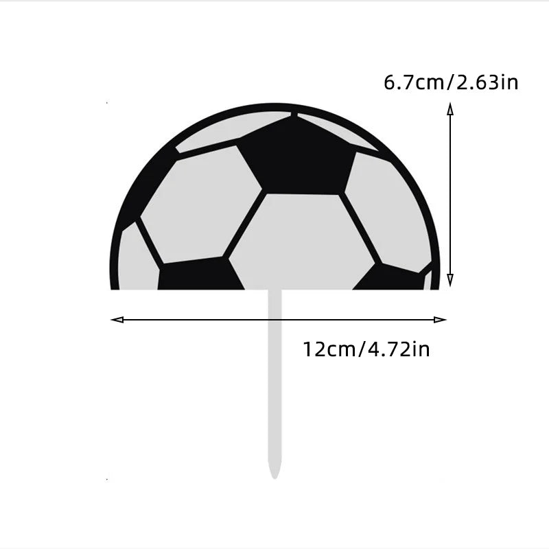 Black and white semi-circle football cake topper with dimension measurements shown.