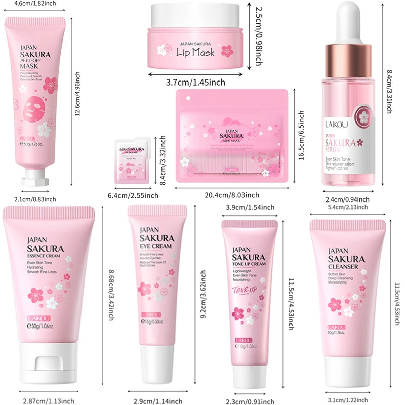 Set of pink sakura-themed skincare products, including tubes, jars, and serum with dimensions labelled.