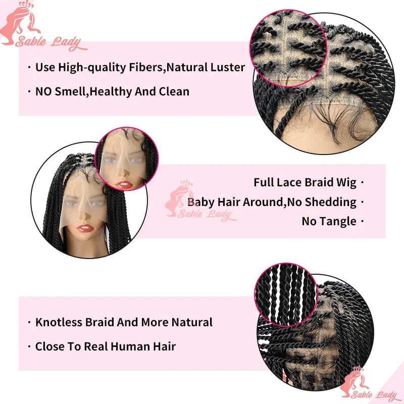 Black full lace front synthetic wig with Senegalese twists, featuring knotless braids and baby hair.