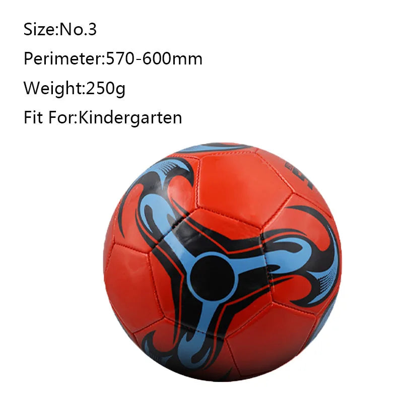 Size 3 kids' football in red with blue and black flame-style patterns, lightweight and ideal for kindergarten.