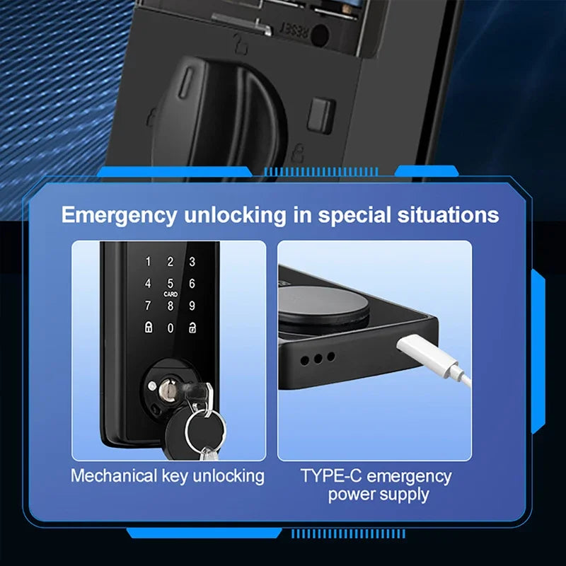 Black digital smart door lock with keypad, physical key override, and Type-C emergency charging port.