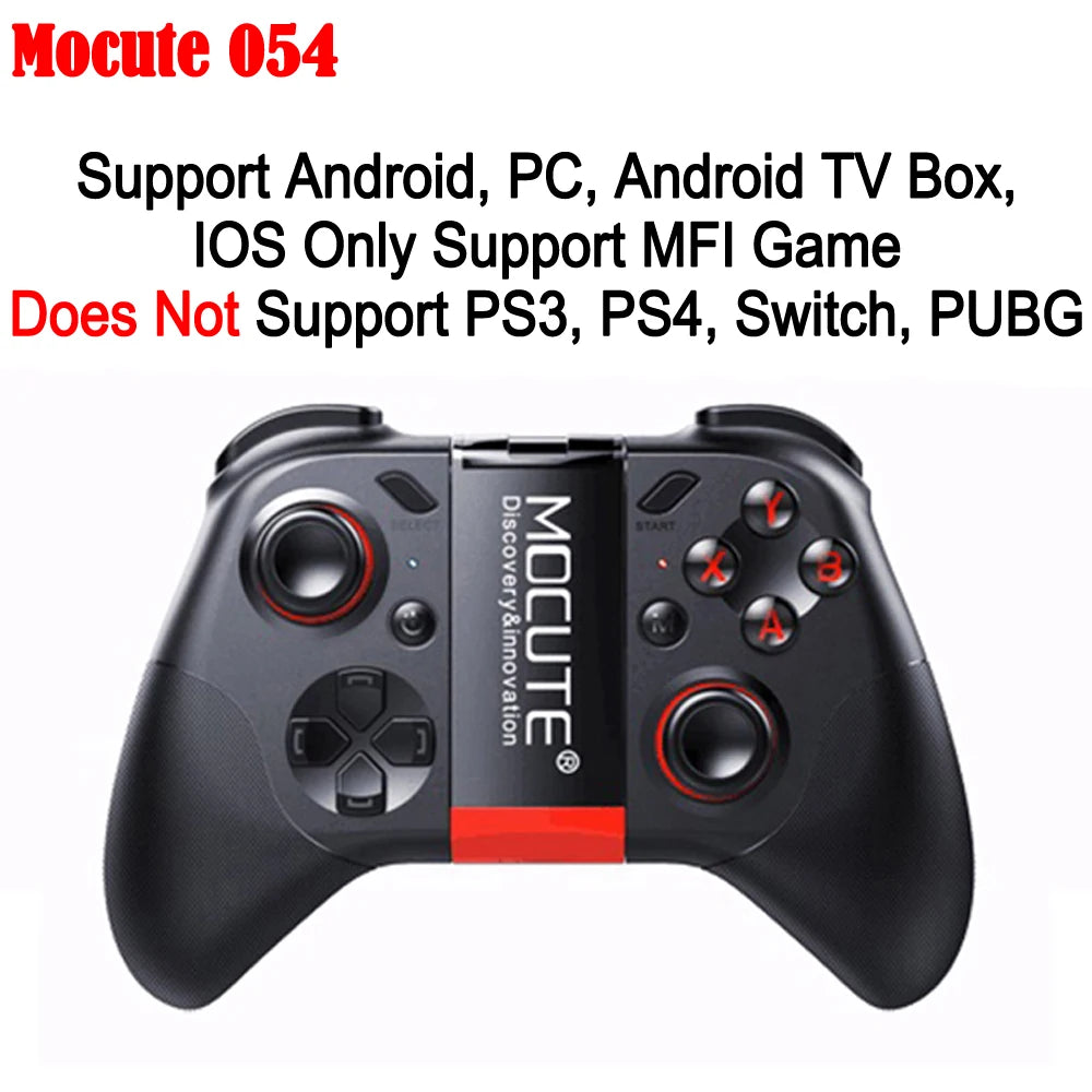 Black ergonomic mobile gaming controller with an adjustable central phone mount, red accents, and standard button layout.