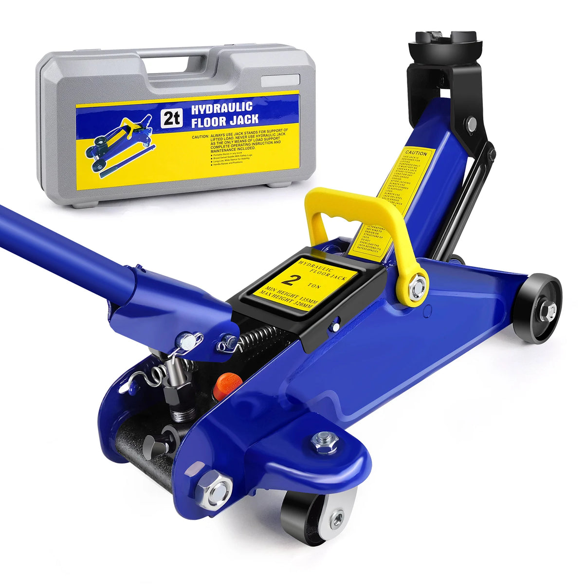 Blue hydraulic steel floor jack with a yellow handle, wheels, and a matching grey storage case.