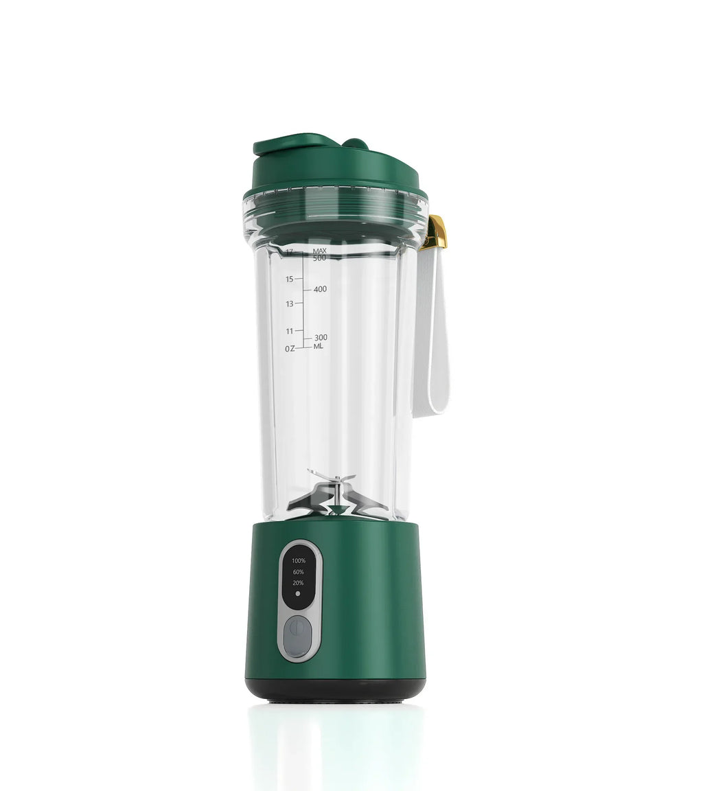 Portable dark green blender with clear cup, measurement markings, and digital power display.